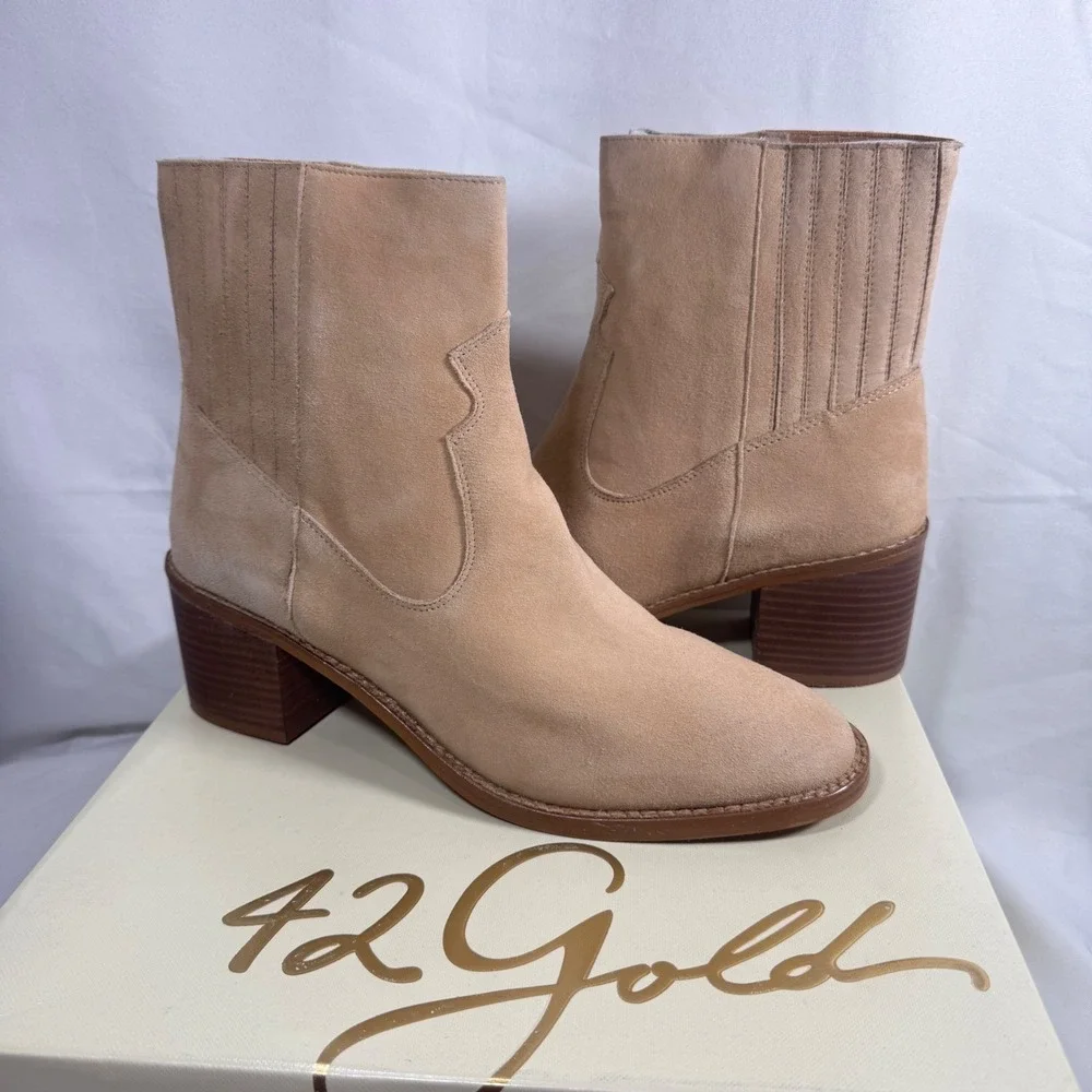NEW 42 Gold Miley Natural Suede Western Ankle Booties Block‎ Heel Women's US 11